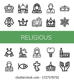 religious icon set. Collection of Crown, Prayer, Mosque, Nun, Bible, Priest, Synagogue, Star of david, Pastafarianism, Pastor, Church, Christianity, Orthodox cross, Monastery icons