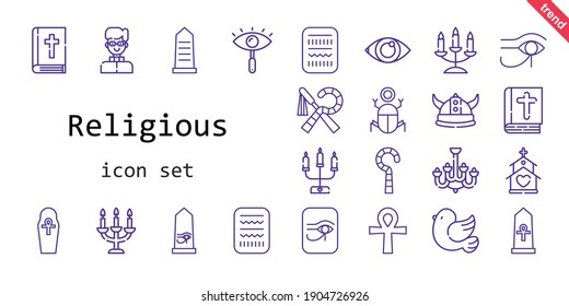 religious icon set. line icon style. religious related icons such as eye, pigeon, bible, egypt, chandelier, candelabra, church, cross, priest, viking, 