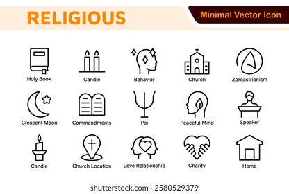 Religious Icon Set. A meaningful collection of icons representing various faiths and beliefs, perfect for enhancing educational materials, spiritual apps, and community outreach initiatives.