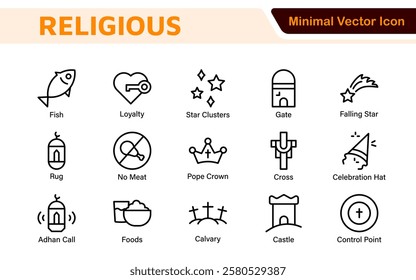 Religious Icon Set. A meaningful collection of icons representing various faiths and beliefs, perfect for enhancing educational materials, spiritual apps, and community outreach initiatives.