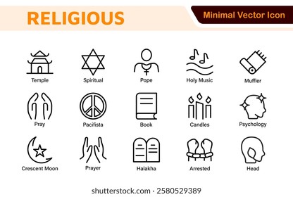 Religious Icon Set. A meaningful collection of icons representing various faiths and beliefs, perfect for enhancing educational materials, spiritual apps, and community outreach initiatives.