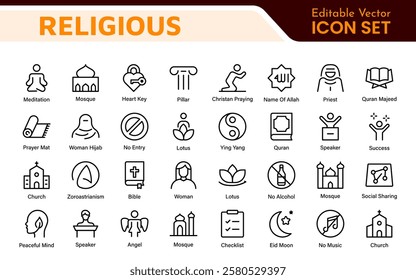 Religious Icon Set. A meaningful collection of icons representing various faiths and beliefs, perfect for enhancing educational materials, spiritual apps, and community outreach initiatives.