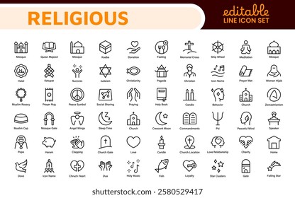 Religious Icon Set. A meaningful collection of icons representing various faiths and beliefs, perfect for enhancing educational materials, spiritual apps, and community outreach initiatives.