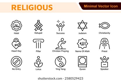 Religious Icon Set. A meaningful collection of icons representing various faiths and beliefs, perfect for enhancing educational materials, spiritual apps, and community outreach initiatives.