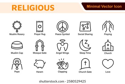 Religious Icon Set. A meaningful collection of icons representing various faiths and beliefs, perfect for enhancing educational materials, spiritual apps, and community outreach initiatives.