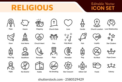 Religious Icon Set. A meaningful collection of icons representing various faiths and beliefs, perfect for enhancing educational materials, spiritual apps, and community outreach initiatives.