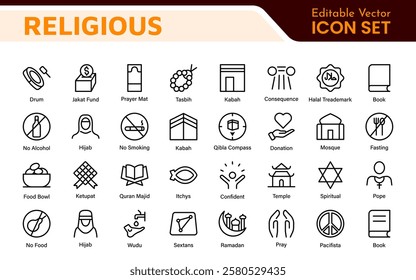 Religious Icon Set. A meaningful collection of icons representing various faiths and beliefs, perfect for enhancing educational materials, spiritual apps, and community outreach initiatives.