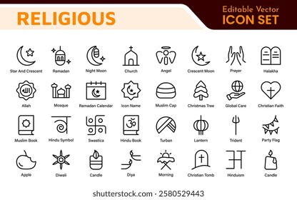 Religious Icon Set. A meaningful collection of icons representing various faiths and beliefs, perfect for enhancing educational materials, spiritual apps, and community outreach initiatives.