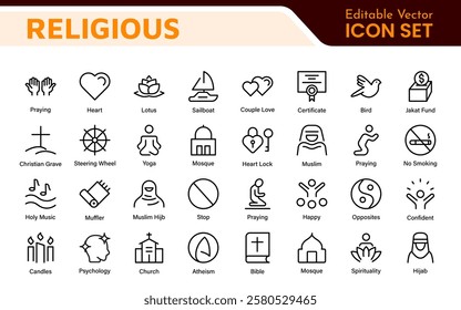 Religious Icon Set. A meaningful collection of icons representing various faiths and beliefs, perfect for enhancing educational materials, spiritual apps, and community outreach initiatives.