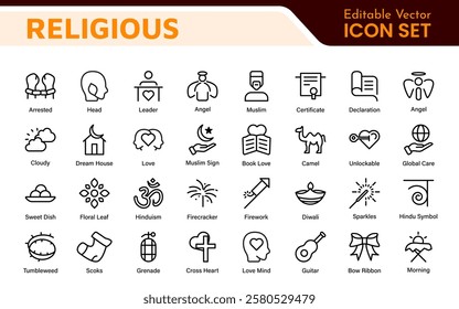 Religious Icon Set. A meaningful collection of icons representing various faiths and beliefs, perfect for enhancing educational materials, spiritual apps, and community outreach initiatives.