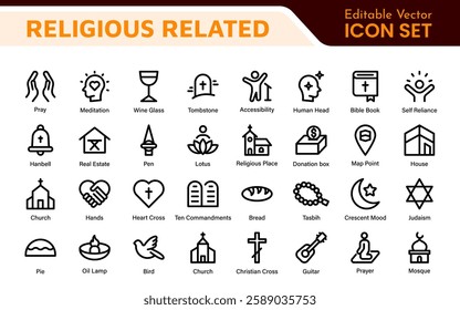 Religious Icon Set. A meaningful collection of icons representing various faiths and beliefs, perfect for enhancing educational materials, spiritual apps, and community outreach initiatives.