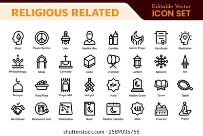 Religious Icon Set. A meaningful collection of icons representing various faiths and beliefs, perfect for enhancing educational materials, spiritual apps, and community outreach initiatives.