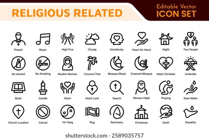 Religious Icon Set. A meaningful collection of icons representing various faiths and beliefs, perfect for enhancing educational materials, spiritual apps, and community outreach initiatives.