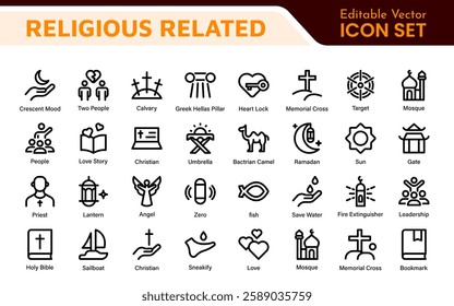 Religious Icon Set. A meaningful collection of icons representing various faiths and beliefs, perfect for enhancing educational materials, spiritual apps, and community outreach initiatives.