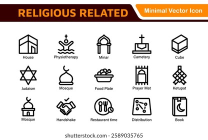 Religious Icon Set. A meaningful collection of icons representing various faiths and beliefs, perfect for enhancing educational materials, spiritual apps, and community outreach initiatives.