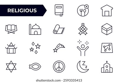 Religious Icon Set. A meaningful collection of icons representing various faiths and beliefs, perfect for enhancing educational materials, spiritual apps, and community outreach initiatives.