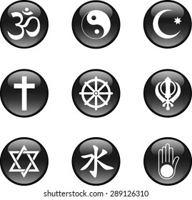 Religious Icons Black. Set of black vector glossy icons representing nine religions.