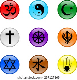 Religious Icons Colored Buttons. Set of vector glossy icons representing nine religions.
