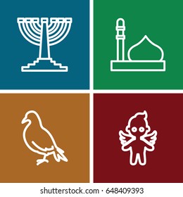 Religious icons set. set of 4 religious outline icons such as dove, mosque, angel