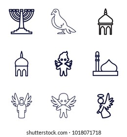 Religious icons. set of 9 editable outline religious icons such as mosque, angel, menorah