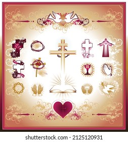 Religious icons set of vector red and gold christianity symbols with frame. Easter, Jesus, cross, church, wreath, dove, egg, heart, hands, bowl, prayer Orthodox and Catholic Church