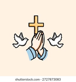 A religious illustration featuring praying hands, a glowing cross, and two white doves. This image conveys devotion, spirituality, and calm, suitable for faith-based content, church materials, or inspirational storytelling. For Easter Theme