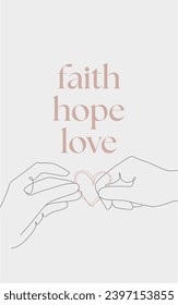 A religious inspirational card or poster with biblical quotes and praying woman, Line Art Illustration. Blush pink. Vector illustration