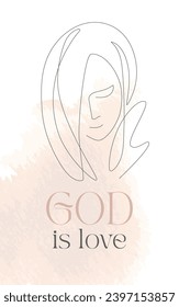 A religious inspirational card or poster with biblical quotes and praying woman, Line Art Illustration. Blush pink. Vector illustration