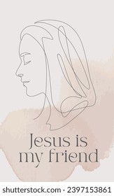 A religious inspirational card or poster with biblical quotes and praying woman, Line Art Illustration. Blush pink. Vector illustration