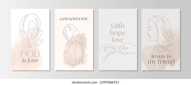 A religious inspirational card set or posters with biblical quotes and praying woman, Line Art Illustration. Blush pink. Vector illustration