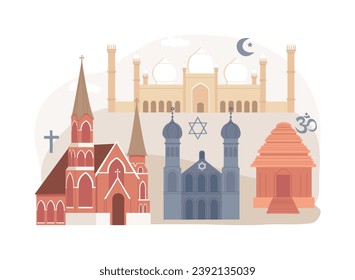 Religious institution isolated concept vector illustration. Institution of belief, religious practices, catholic church, mosque, cathedral building, chapel, monks in monastery vector concept.