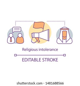 Religious intolerance concept icon. Discrimination thin line illustration. Social prejudice against muslims. Zero tolerance and religious persecution. Vector isolated outline drawing. Editable stroke