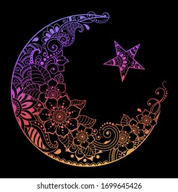 Religious Islamic symbol of the Star and the Crescent with flower in mehndi style. Decorative sign for making and tattoos. Eastern Muslim signifier. Rainbow color pattern on a black background.