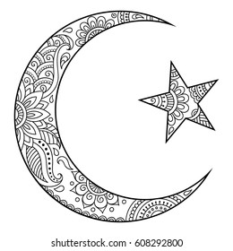 Religious Islamic symbol of the Star and the Crescent. Decorative sign for making and tattoos. Eastern Muslim sing.