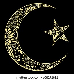 Religious Islamic symbol of the Star and the Crescent. Decorative sign for making and tattoos. Eastern Muslim sing.