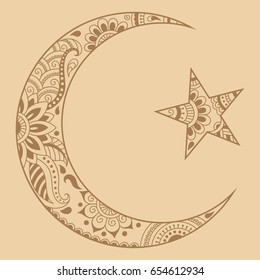 Religious Islamic symbol of the Star and the Crescent. Decorative sign for making and tattoos. Eastern Muslim emblem.