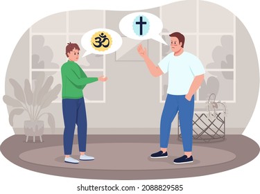 Religious issues in family 2D vector isolated illustration. Boy arguing with father about faith flat characters on cartoon background. Freedom of choice for teenager colourful scene