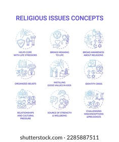 Religious issues and values blue concept icons set. Help cope with life stress. Identity crisis. Religion and faith idea thin line RGB color illustrations. Vector isolated outline drawings