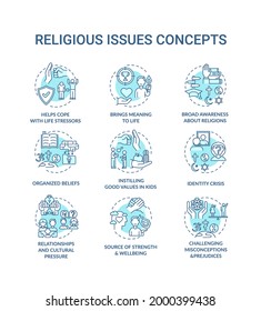 Religious issues and values turquoise concept icons set. Help cope with life stress. Religion and faith idea thin line RGB color illustrations. Vector isolated outline drawings. Editable stroke