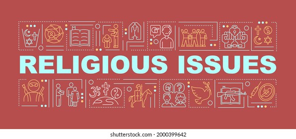 Banner de conceptos de palabra sobre temas religiosos. Conceptos erróneos y discriminación. Infografía con iconos lineales sobre fondo rojo. Tipografía aislada. Ilustración de color RGB del contorno del vector