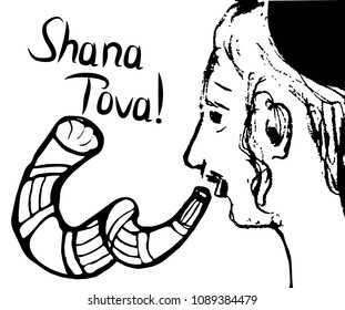 A religious Jew with a shofar. Hasid blows the shofar on Rosh Hashanah. Sketch, doodle, hand draw. Lettering inscription Shana Tov in the translation of Happy Rosh aShana. Vector illustration.