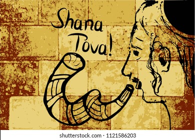 religious Jew with a shofar. Hasid Rosh Hashanah. Sketch, doodle, hand draw. Lettering inscription Shana Tova in the translation of Happy Rosh aShana. Western Wall, Jerusalem. Wailing Wall. Vector.