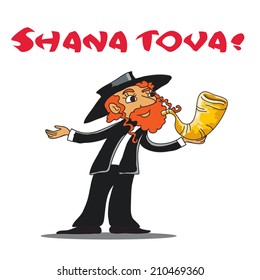 Religious Jew with the shofar on the Rosh Hashanah. Jewish new year. Holiday. Shana Tova red greeting text. Cartoon, vector, line art. Isolated on white. 