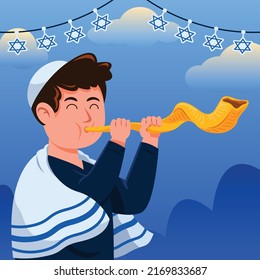 Religious Jewish blowing a shofar celebrating rosh hashanah.