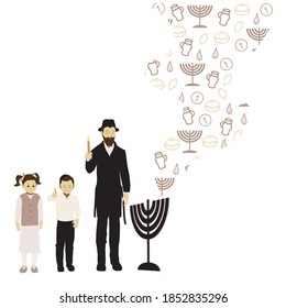 A religious Jewish family lights Hanukkah candles. When symbols related to the holiday, come out of the menorah.
Flat vector drawing.