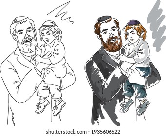 Religious Jewish man holding son in his arms. Hand drawing illustration.