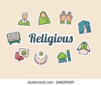 religious lettering around set icons package light brown isolated background with modern flat cartoon style