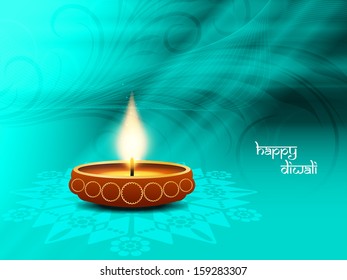 religious light blue color background for Diwali with beautiful lamp. vector illustration