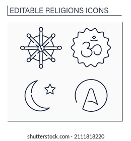 Religious line icons set. Different faith and religious symbols. Atheism, Islam, Buddhism, Hinduism. Philosophical concept. Isolated vector illustrations. Editable stroke