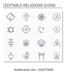 Religious line icons set. Different faith and religious symbols. Christianity, Jainism, Rastafari, atheism. Philosophical concept. Isolated vector illustrations. Editable stroke